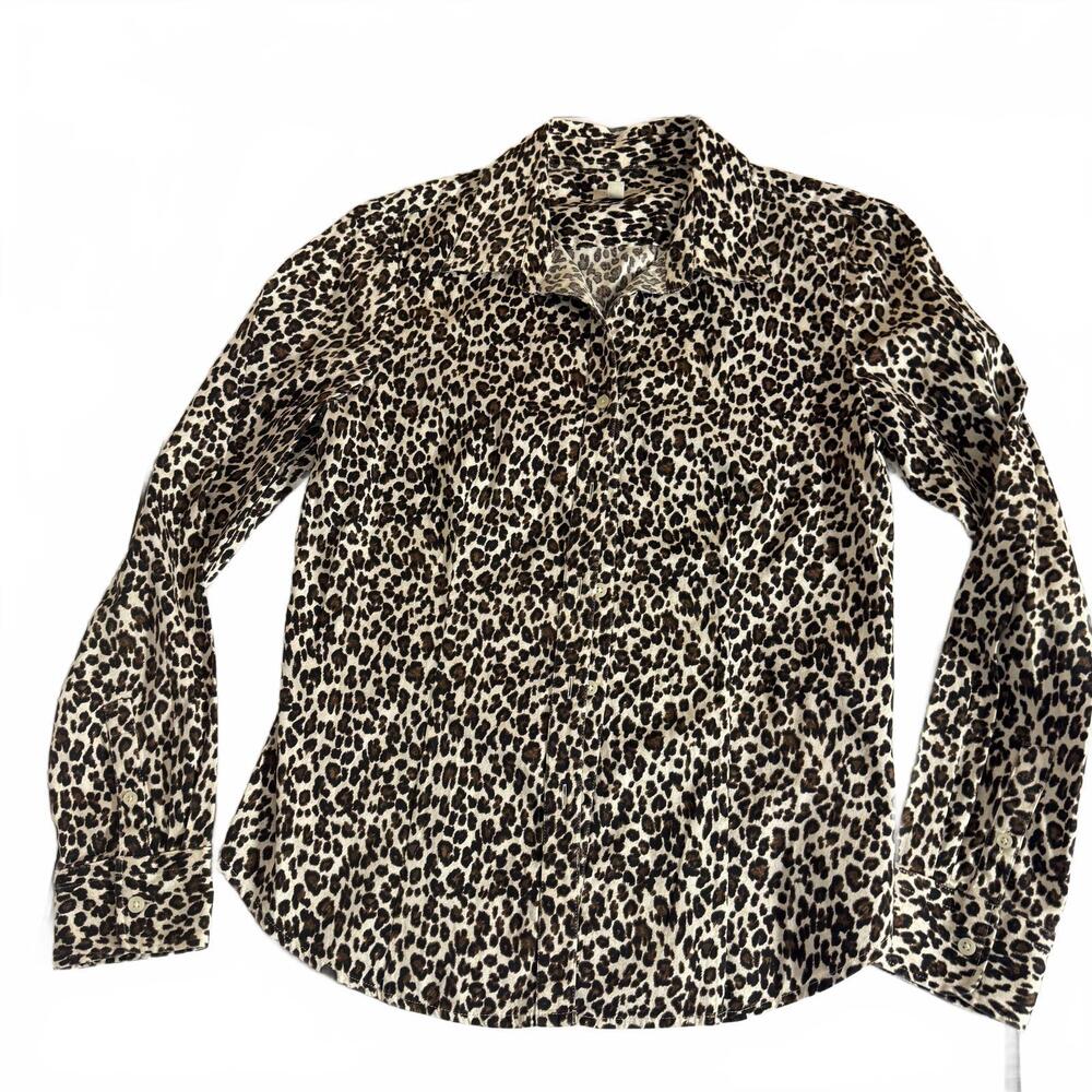 TALBOTS Leopard print button up blouse SZ 8. Y2K Preppy Career. Cotton/Spandex